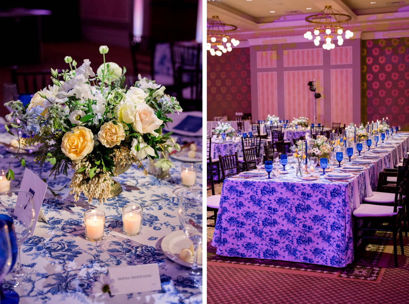 Royal blue and white wedding reception decor