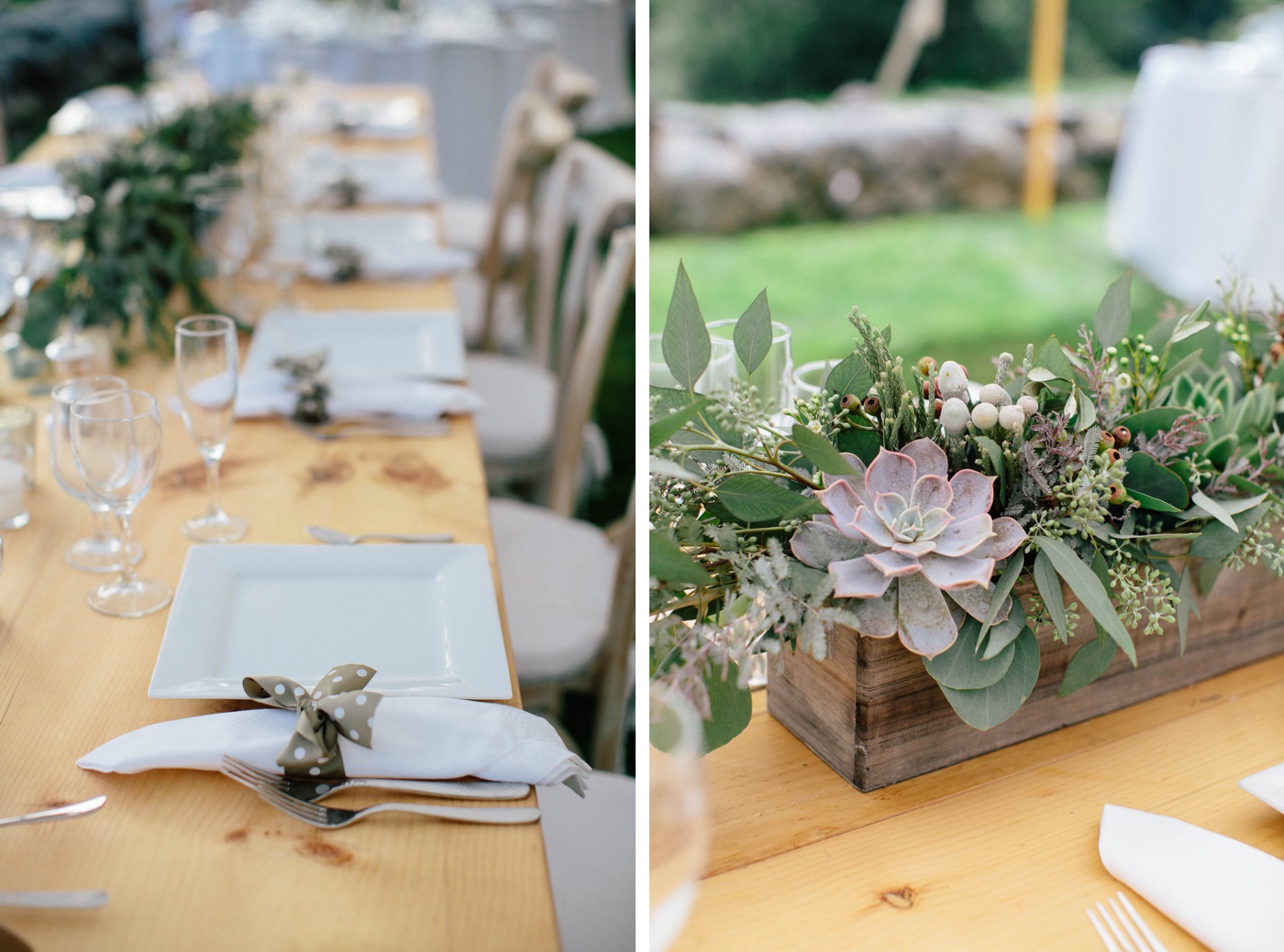 Succulent centerpiece in a wooden planter box at a wedding