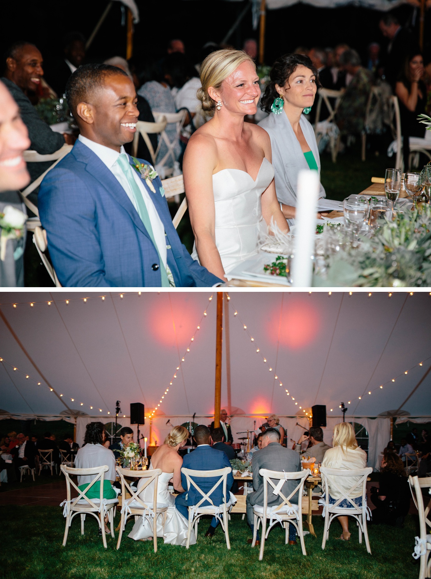 Outdoor wedding reception under a sailcloth tent
