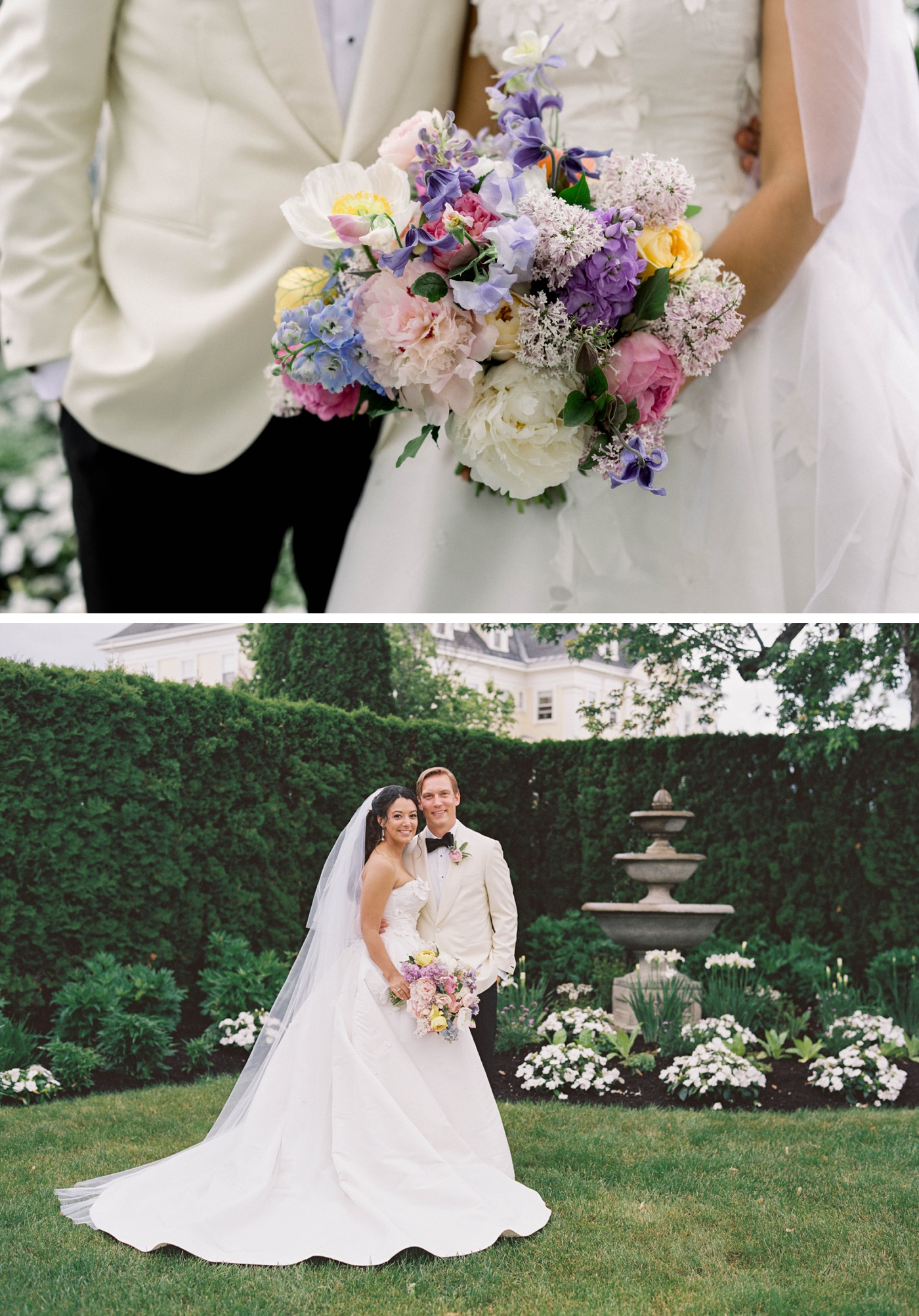 Garden wedding bouquet filled with peonies, Japanese anemones, purple sweet peas, and lilacs by Birds of a Flower