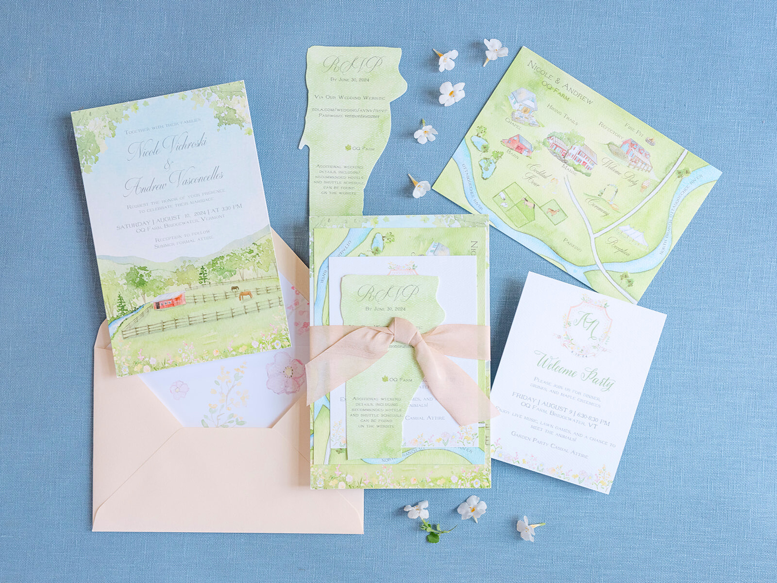 Exquisite custom stationery by Tying the Knot's Custom Watercolor Wedding Stationery, perfectly complementing the elegance of Nicole and Andrew’s Wedding.